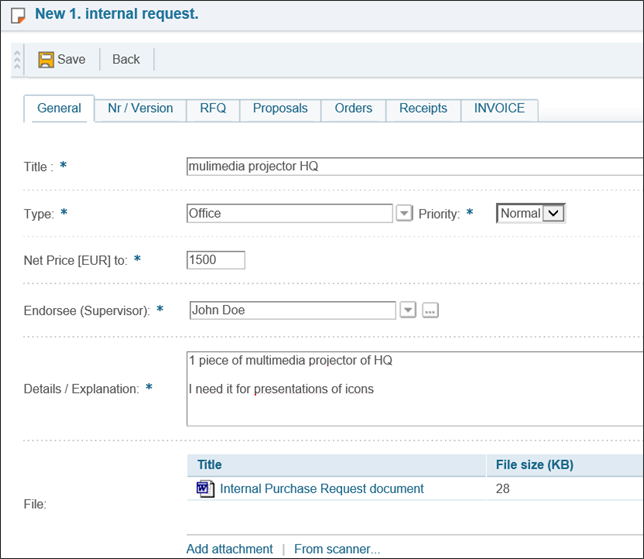 Purchase request form in DocLogix procurement management solution